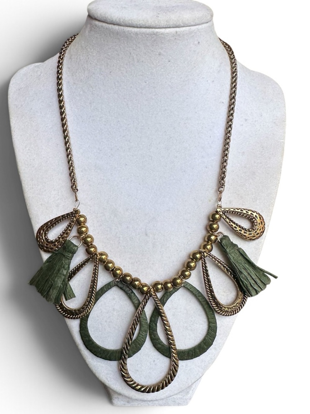 Brass Olive Green Tassel Statement Necklace